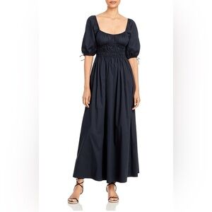 STAUD Black Puff Sleeve Maxi Dress – Smocked Empire Waist Cotton Poplin, Large